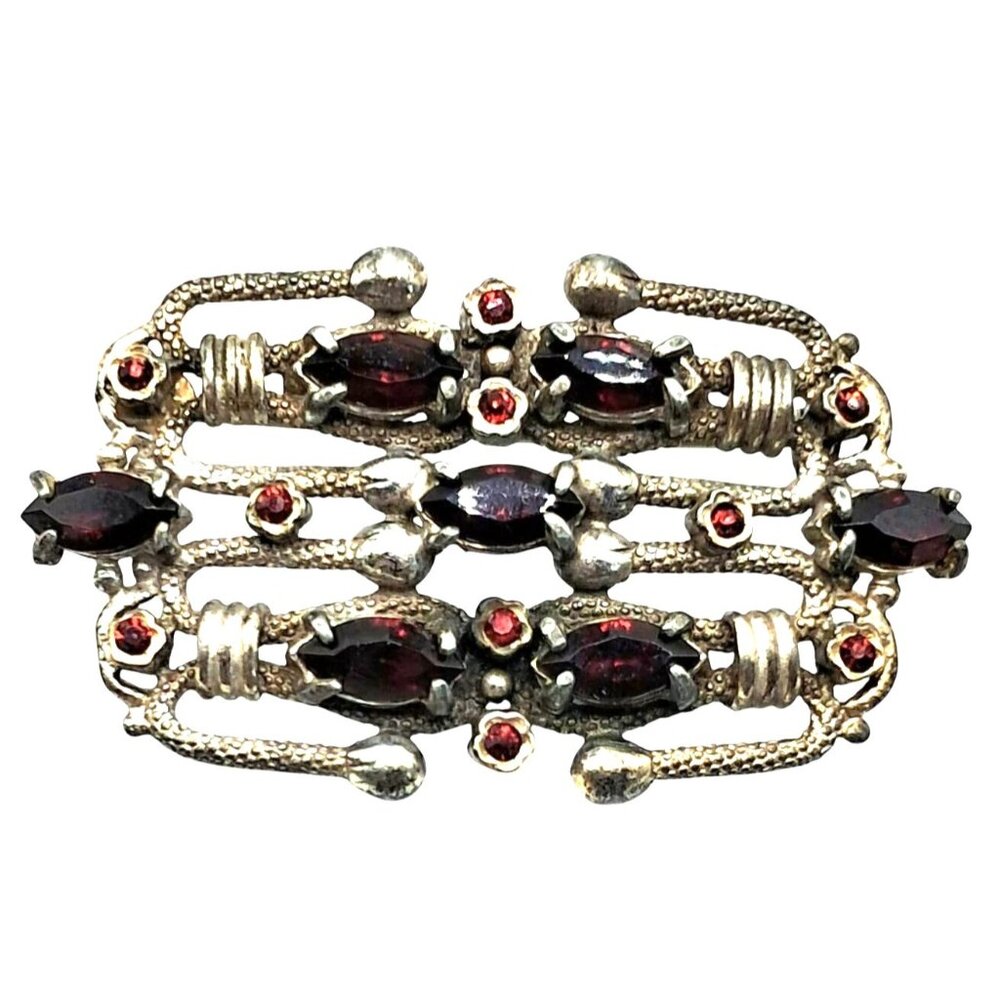 Vintage Garnet Red Rhinestone & Silver Tone Brooch Unusual Setting Pin With Intr